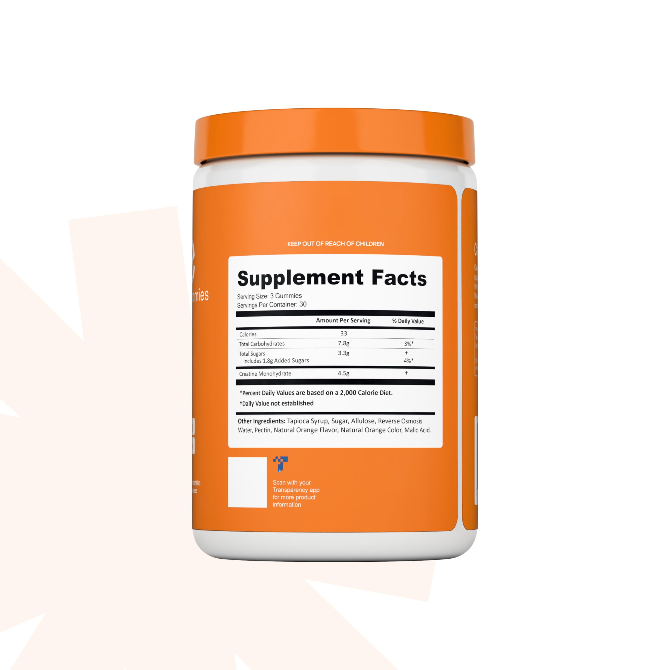 Create Creatine Monohydrate Gummies orange ingredients panel focusing on vegan and non-GMO