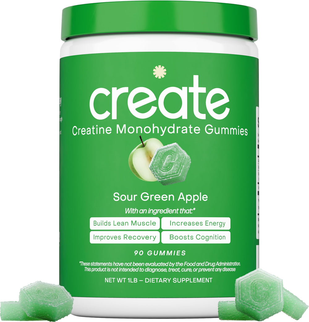 Create Creatine Monohydrate Gummies sour green apple pack for on-the-go focus