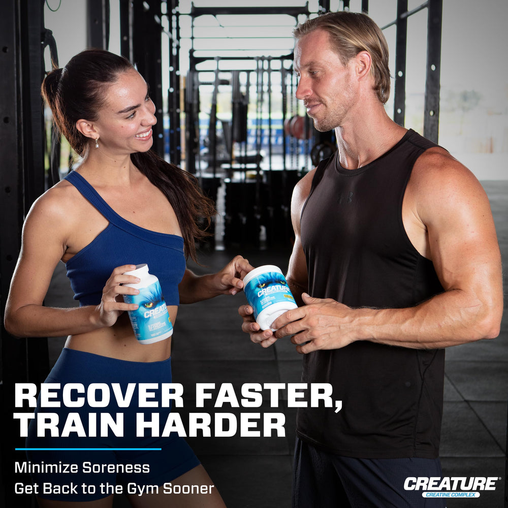 CREATURE Creatine Complex on gym bench with water, appealing daily supplementation