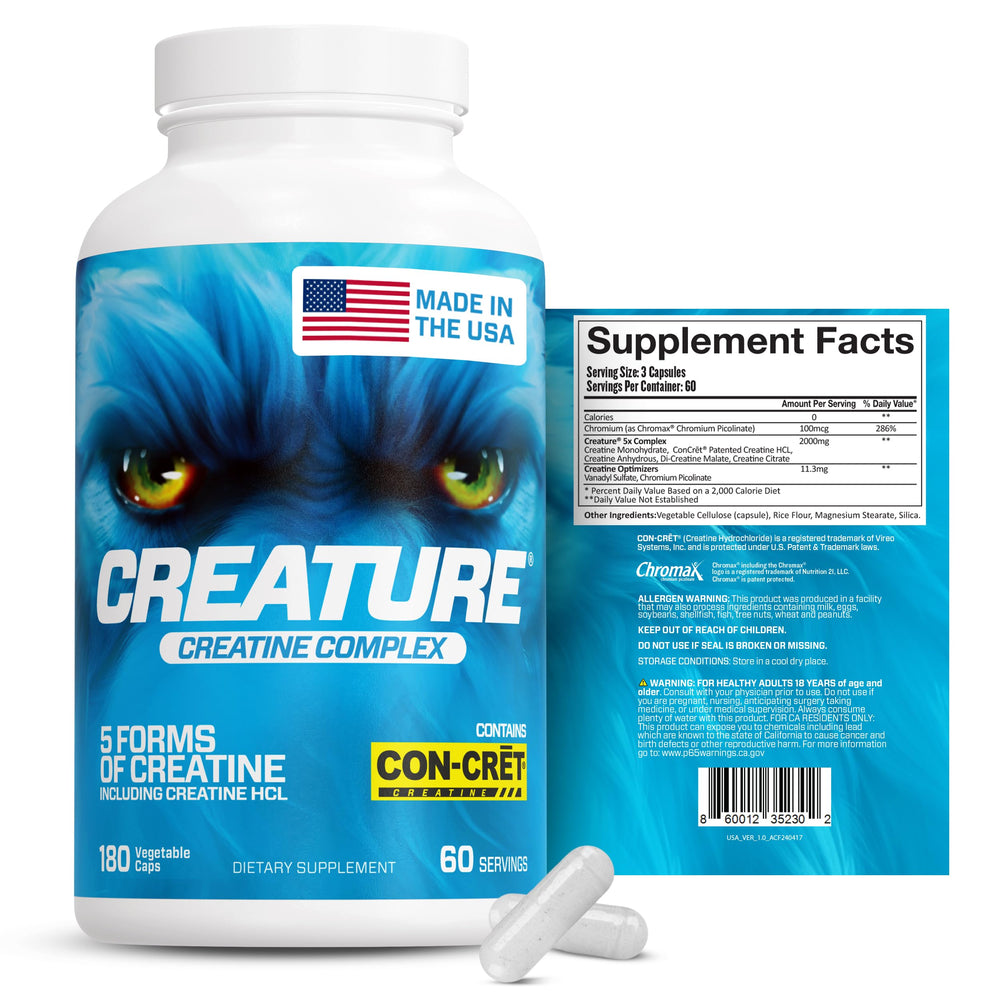 CREATURE Creatine Complex label close-up shows vegan, keto-friendly formulation