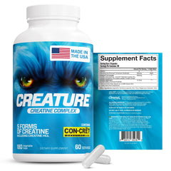 CREATURE Creatine Complex label close-up shows vegan, keto-friendly formulation