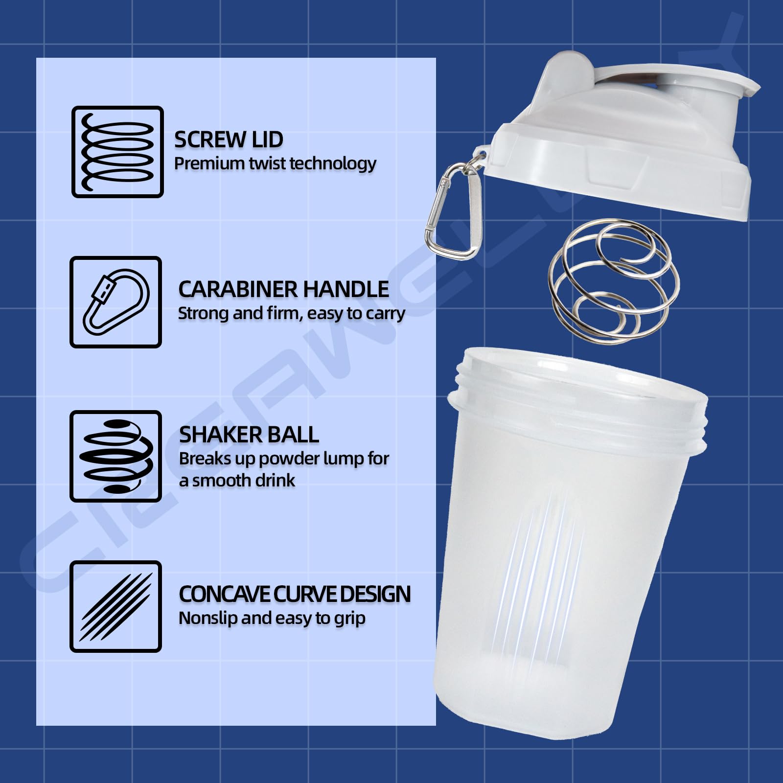 CREAWELLAY shaker bottle with handle close-up emphasizing easy transport
