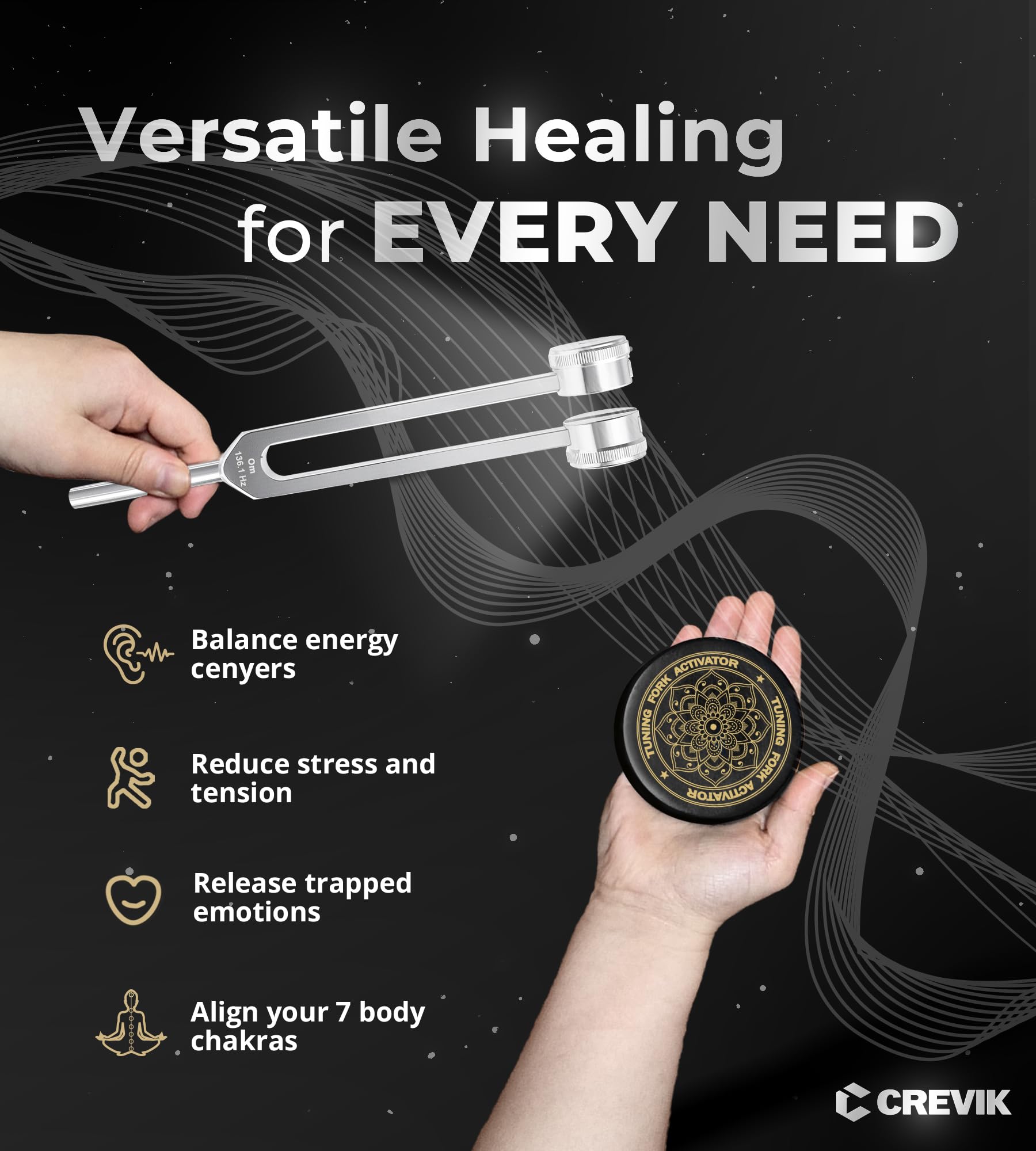 CREVIK 384Hz tuning fork supports focus in mindful practice.