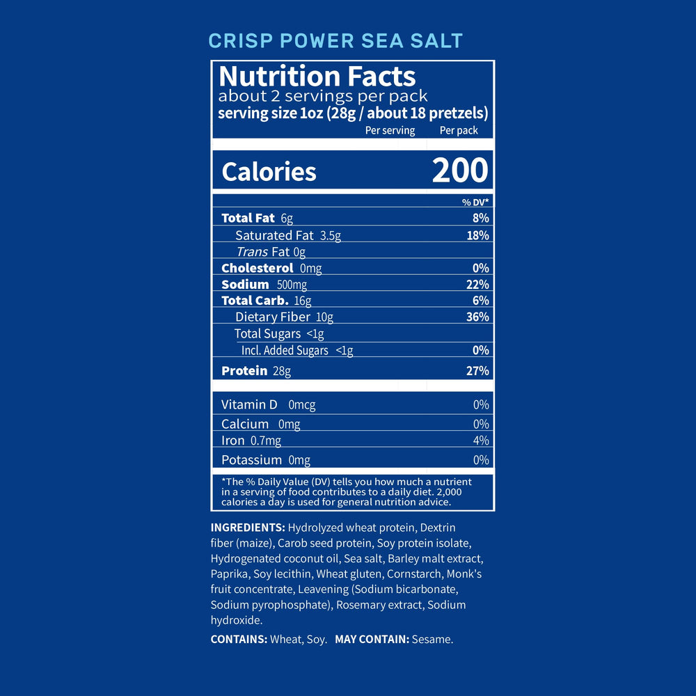 CRISP POWER protein pretzels sea salt bag highlights 28g protein per serving.