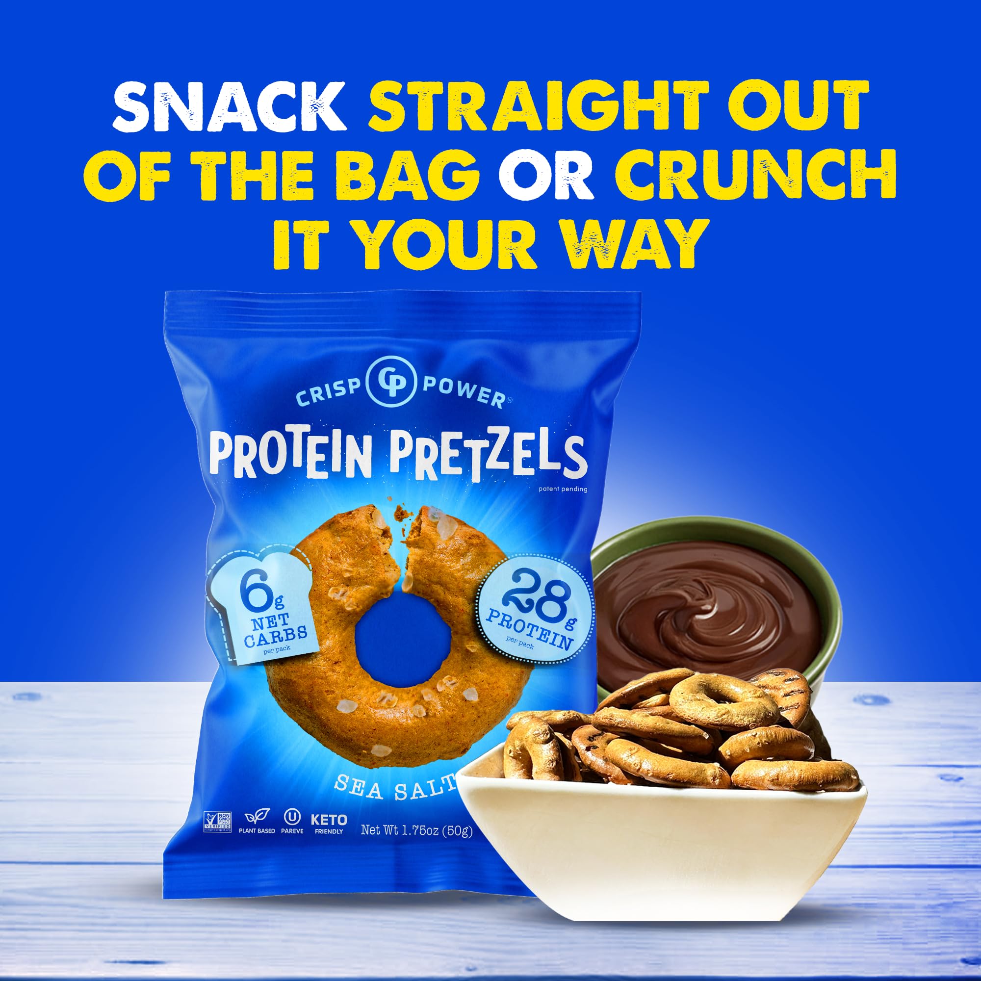 CRISP POWER keto-friendly pretzels shot highlights low carb, satisfying bite.