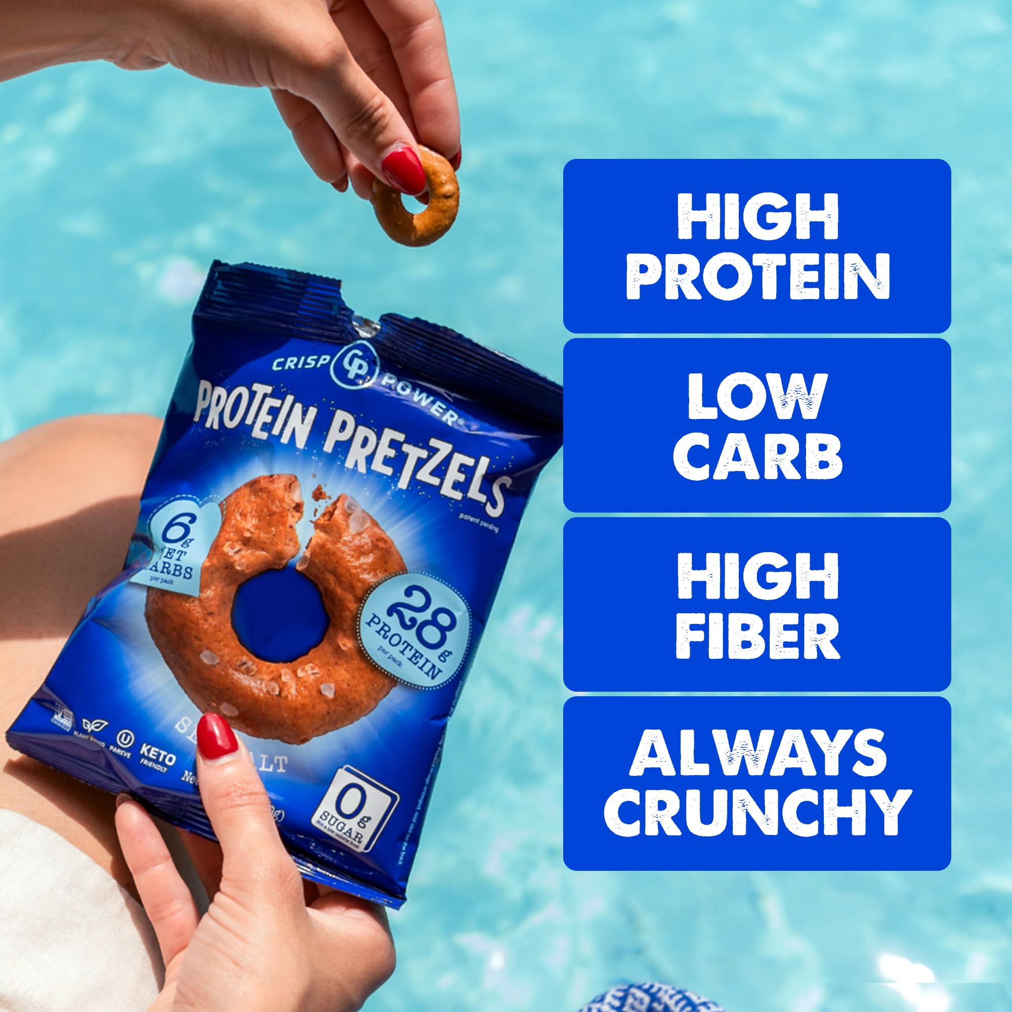 CRISP POWER plant-based pretzels image communicates vegan, protein-forward snacking.