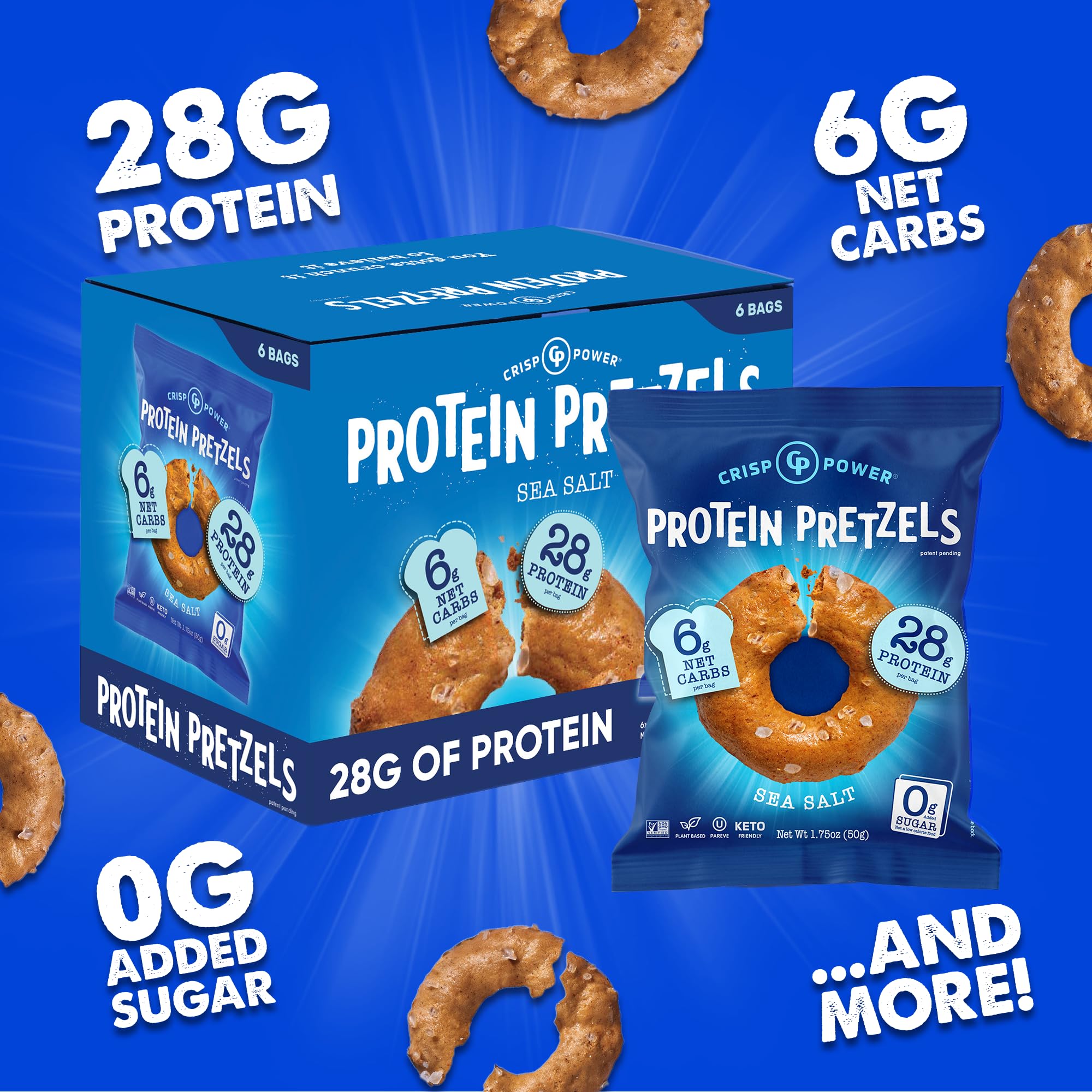 CRISP POWER high-protein pretzels nutrition panel emphasizes 6g net carbs.