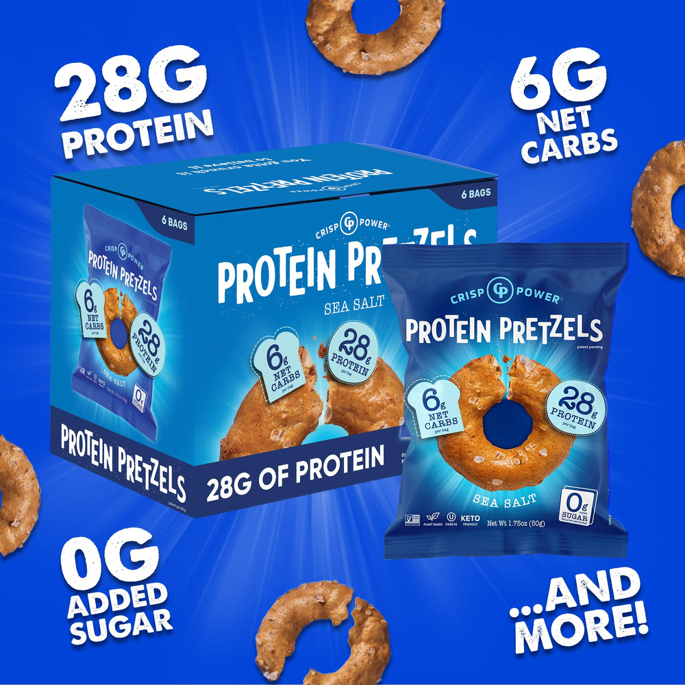 CRISP POWER high-protein pretzels nutrition panel emphasizes 6g net carbs.