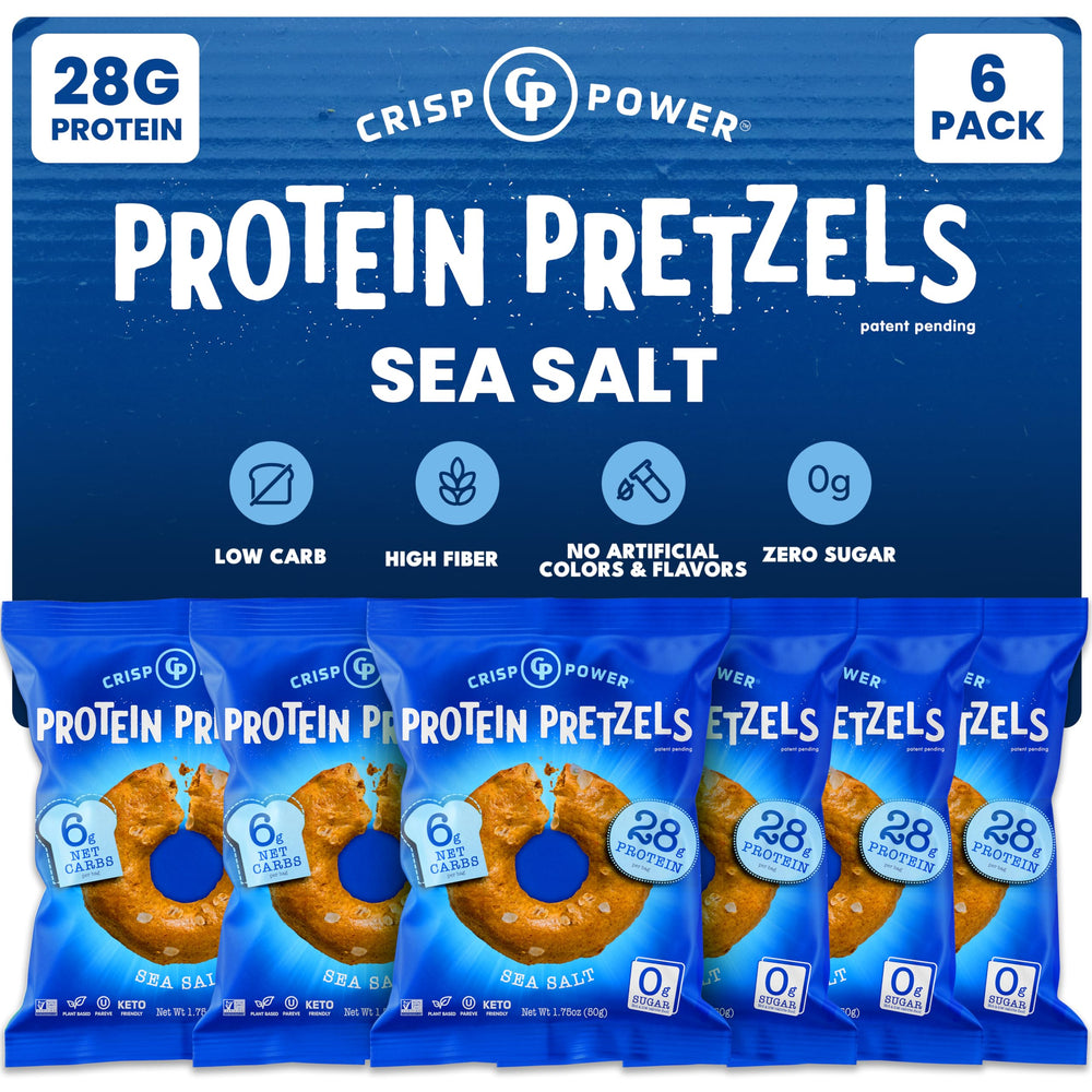 CRISP POWER high-protein pretzels sea salt packaging shows keto-friendly crunch for on-the-go snacking.