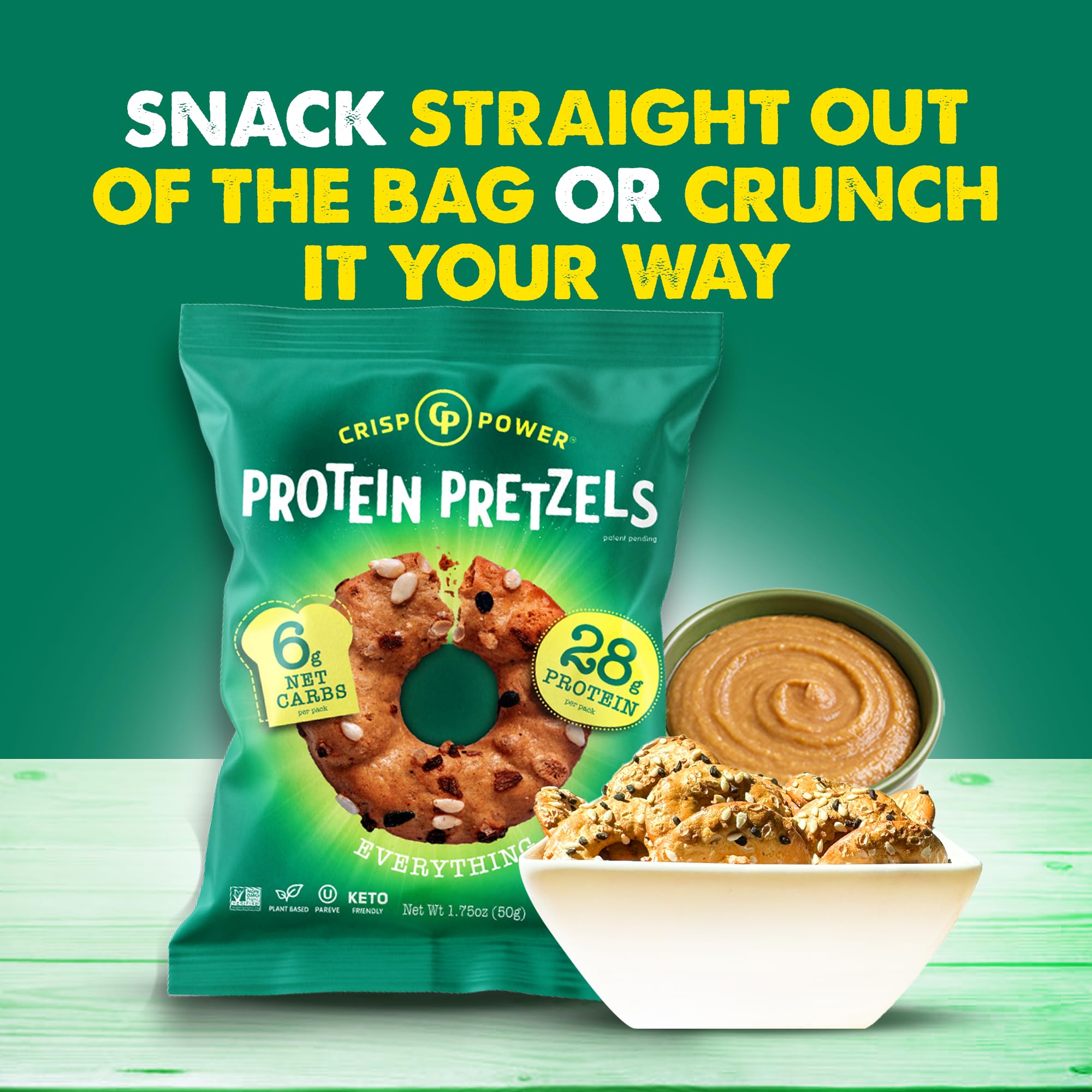 CRISP POWER Protein Pretzels 6-pack display promotes convenient on-the-go protein
