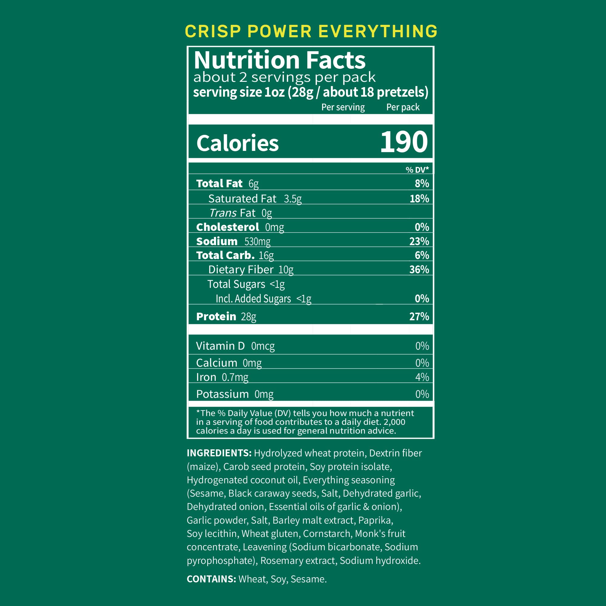 CRISP POWER Protein Pretzels Everything ingredients panel highlights plant-based nutrition