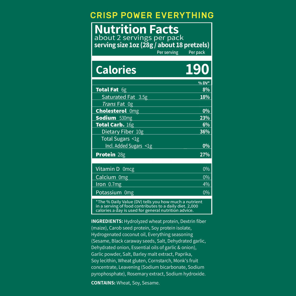 CRISP POWER Protein Pretzels Everything ingredients panel highlights plant-based nutrition