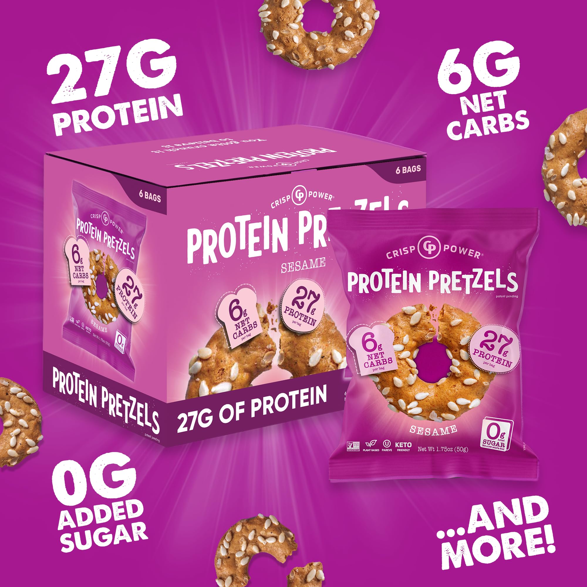 Nutrition panel on CRISP POWER sesame pretzels highlights high protein