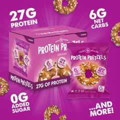 Nutrition panel on CRISP POWER sesame pretzels highlights high protein