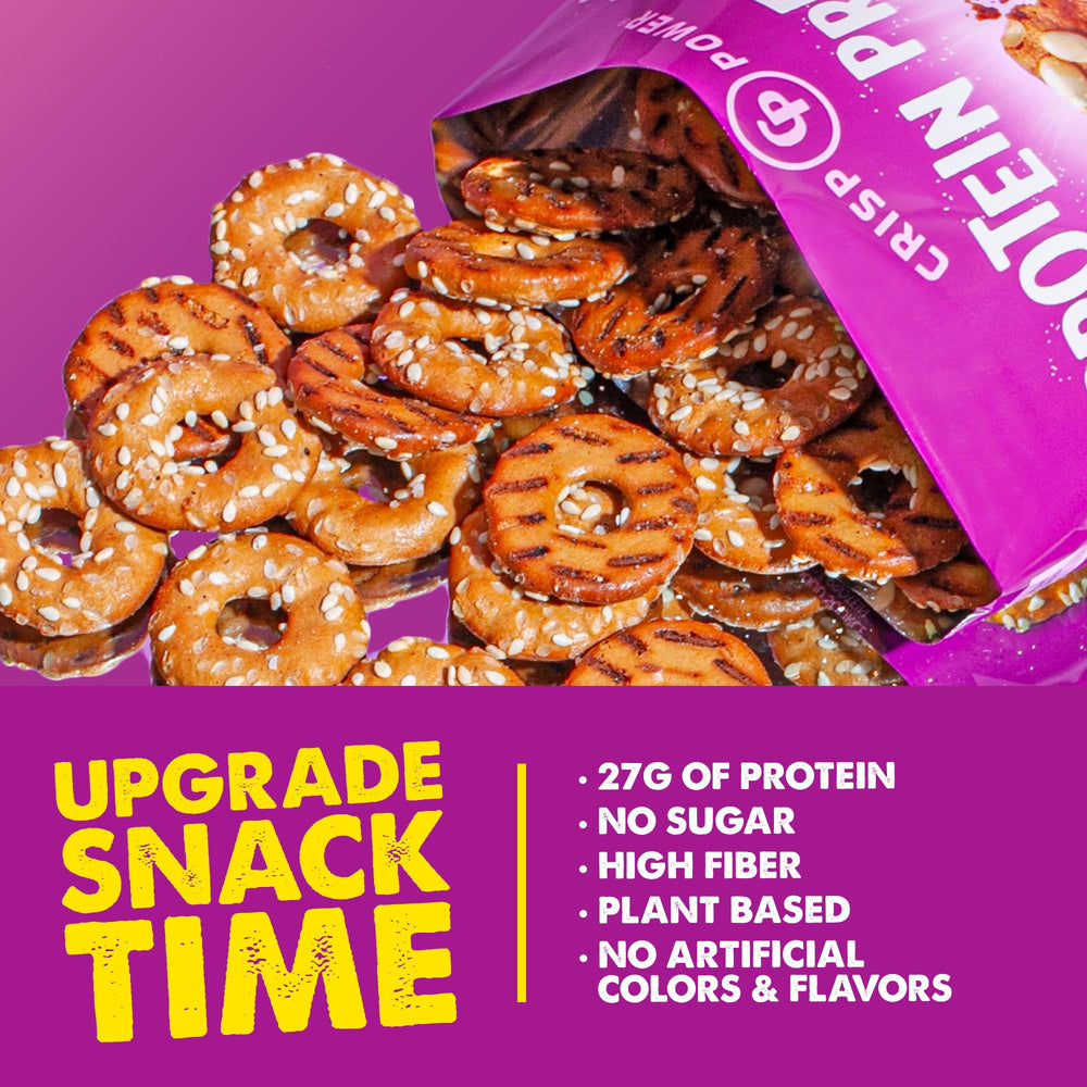 CRISP POWER sesame pretzels on a desk for a quick energy boost