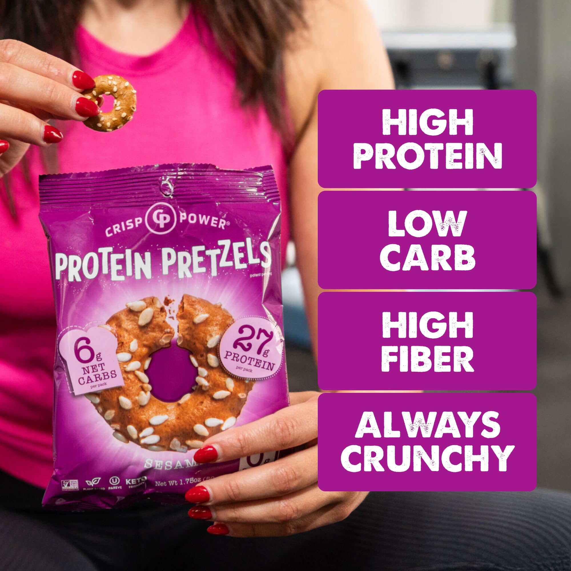 CRISP POWER sesame packaging emphasizes vegan, no added sugar