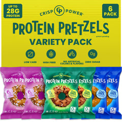 CRISP POWER protein pretzels variety pack on display, ideal on-the-go protein.