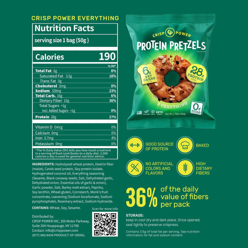CRISP POWER sea salt pretzels bag, bold crunch with low net carbs.