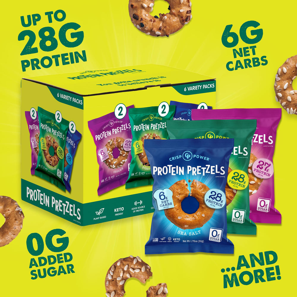 CRISP POWER sesame pretzels bag, savory crunch and plant-based protein.