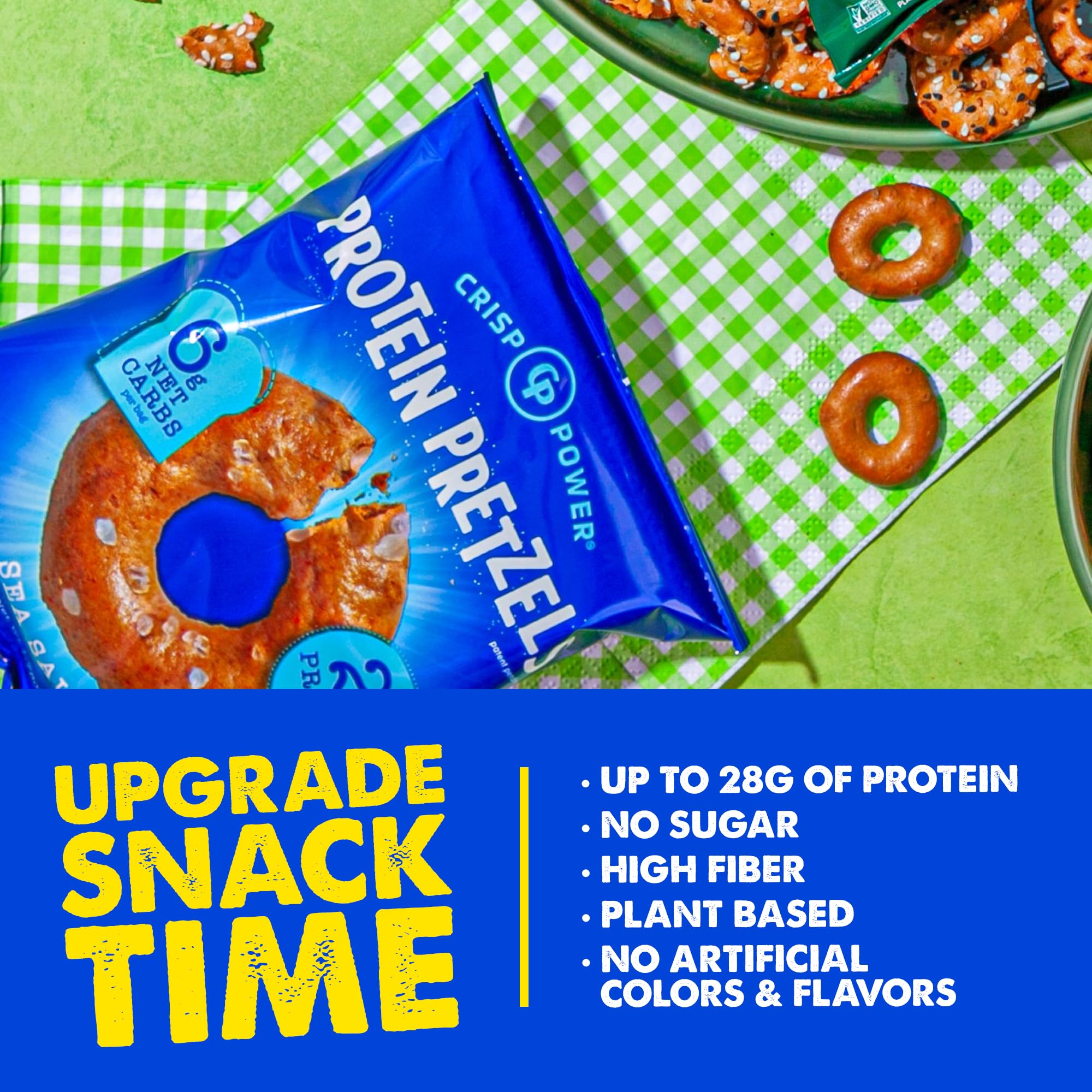 CRISP POWER vegan pretzels layout shows convenient 1.75 oz single-serve packs.
