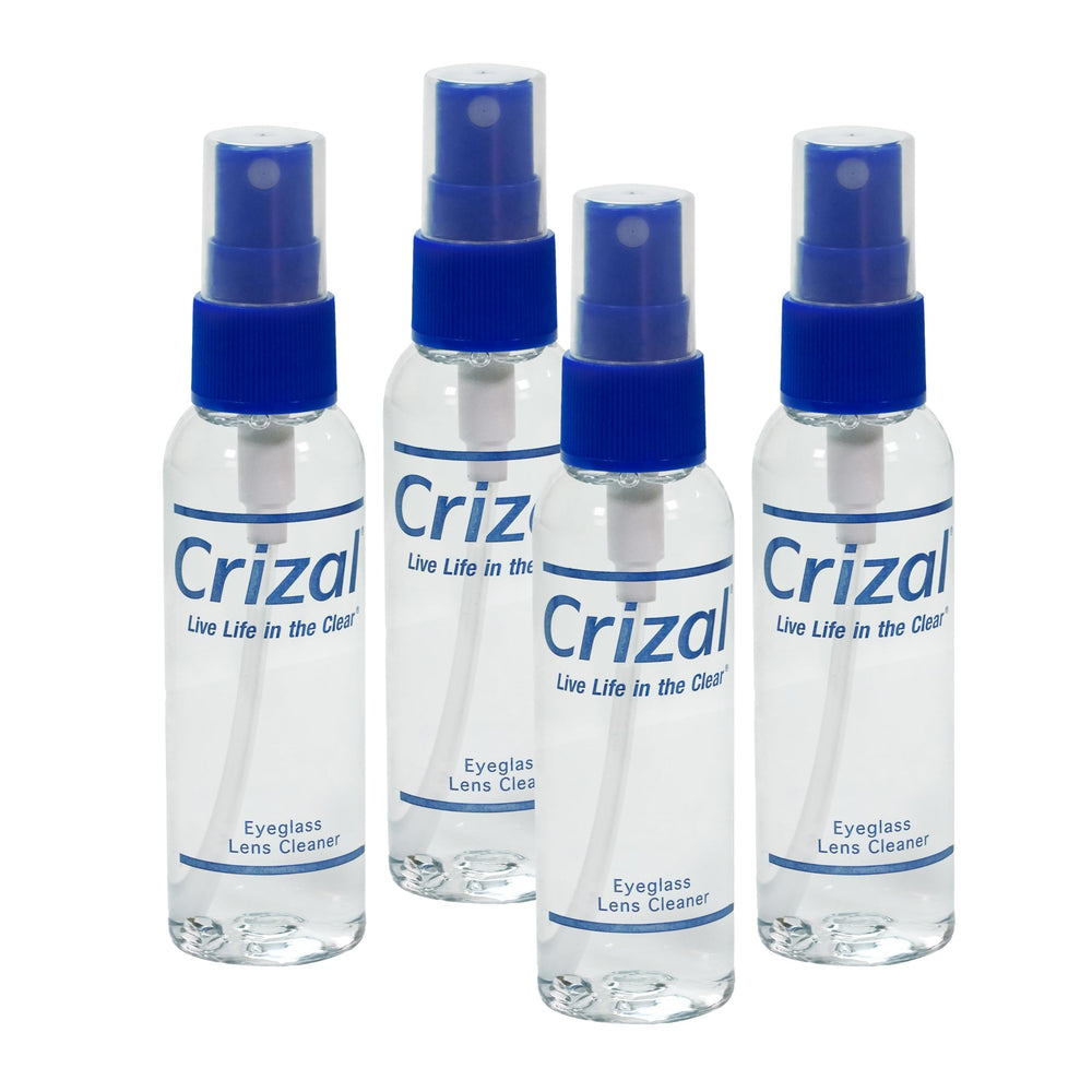 Crizal cleaning spray bottle close-up for streak-free clarity