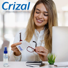Crizal microfiber cloth kit laid out for safe lens cleaning