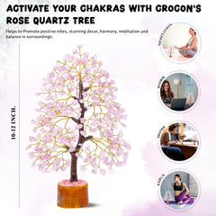 Crocon handcrafted rose quartz tree brightens living room with positive vibes.