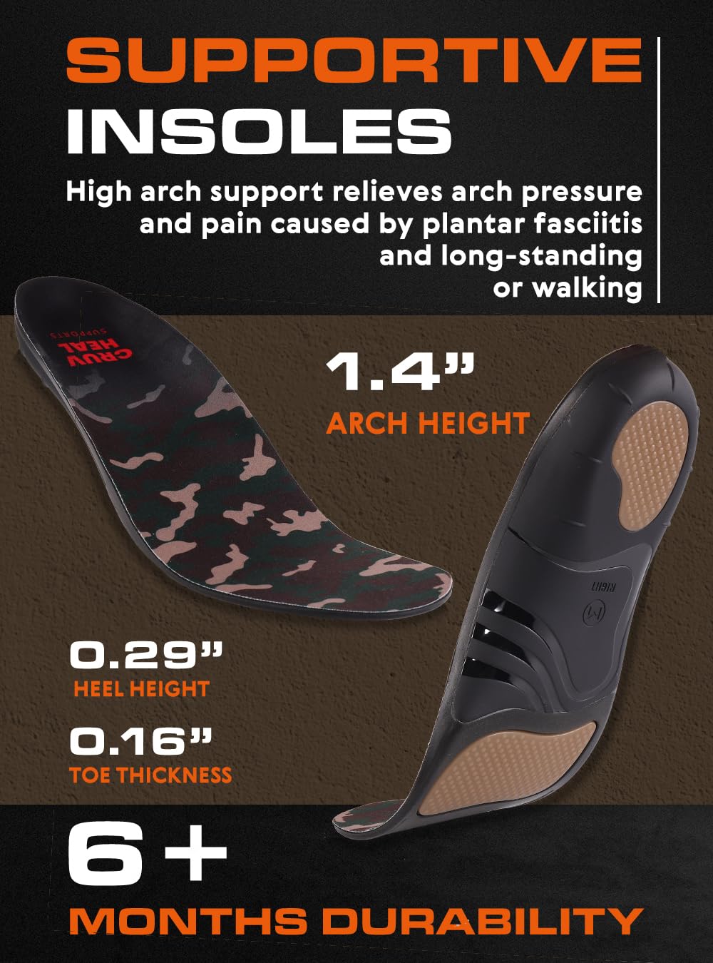 CRUVHEAL heel-support insole promotes proper foot placement in boots.