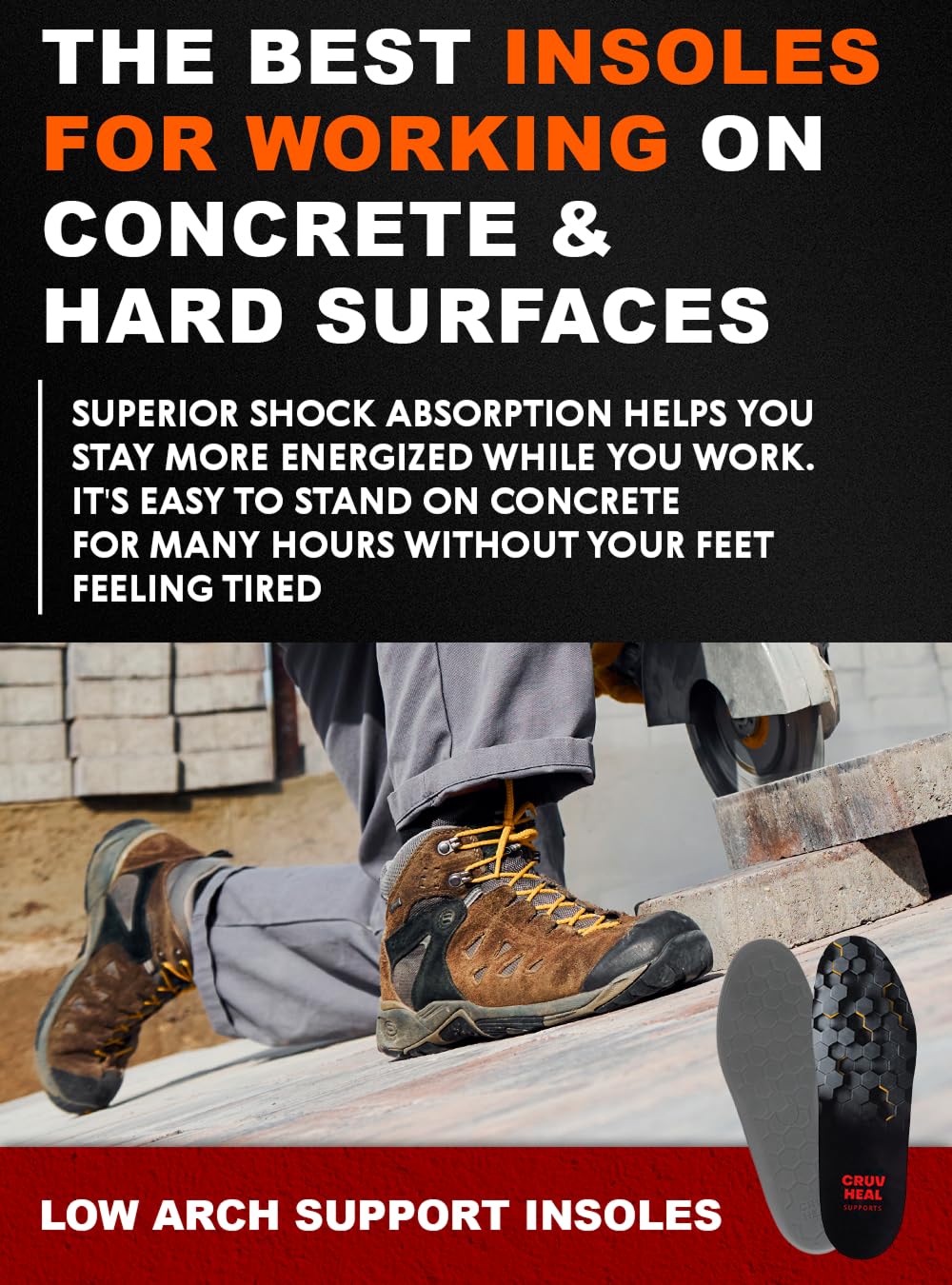 CRUVHEAL insoles with shock absorption in action for reduced foot fatigue