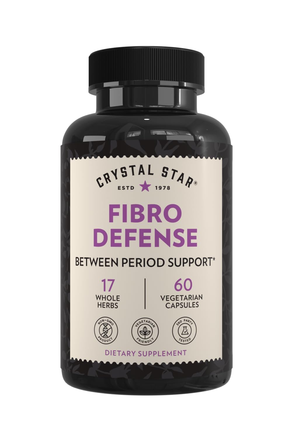 Crystal Star Fibro Defense bottle on a clean counter for daily wellness between periods.