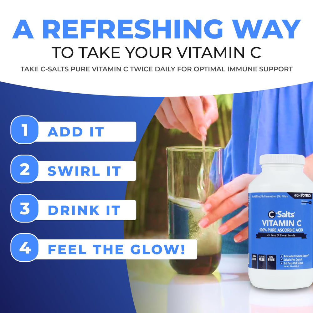 Dissolving C-Salts powder in water for a grit-free vitamin C drink.