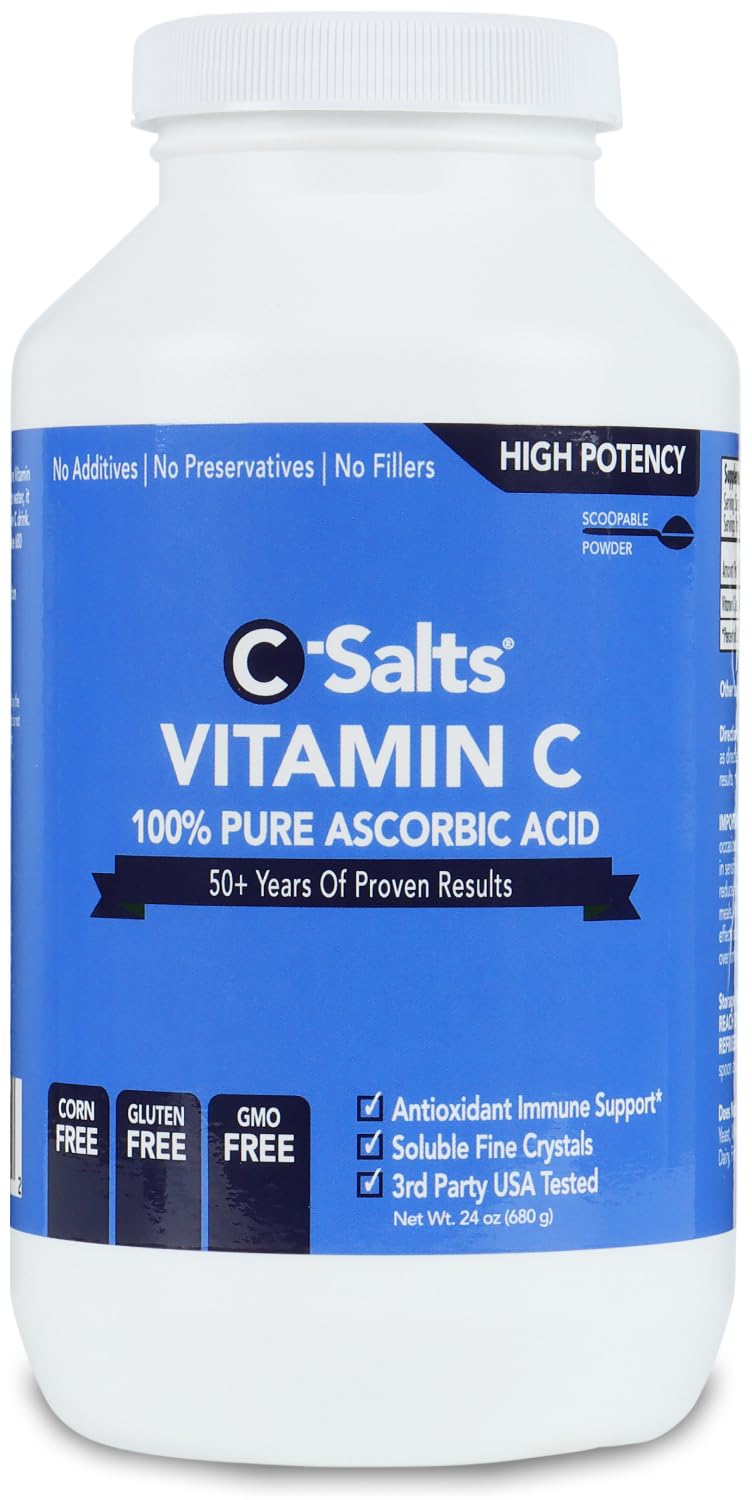 C-Salts ascorbic acid powder jar, pure vitamin C for immune support.