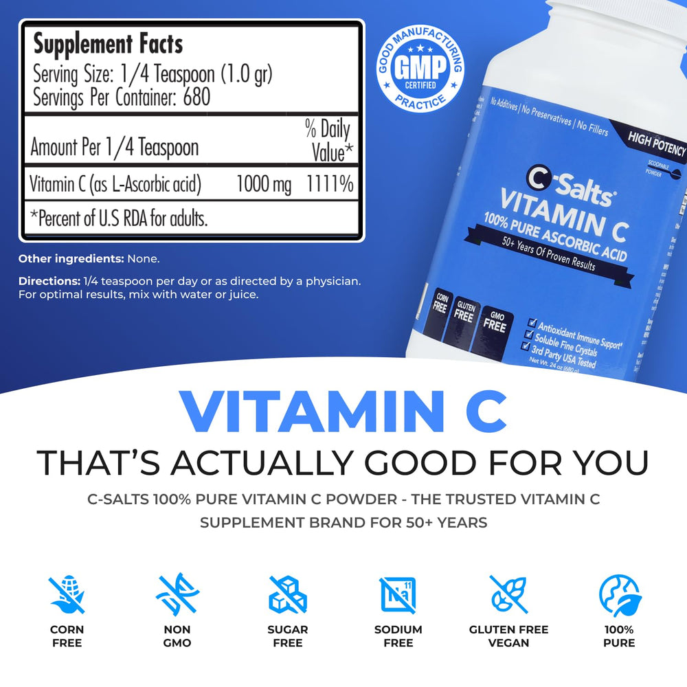 C-Salts ascorbic acid powder scoop highlights purity and no additives.