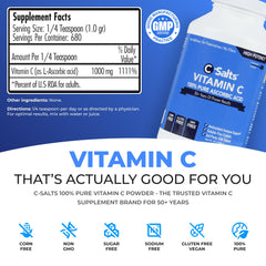 C-Salts ascorbic acid powder scoop highlights purity and no additives.