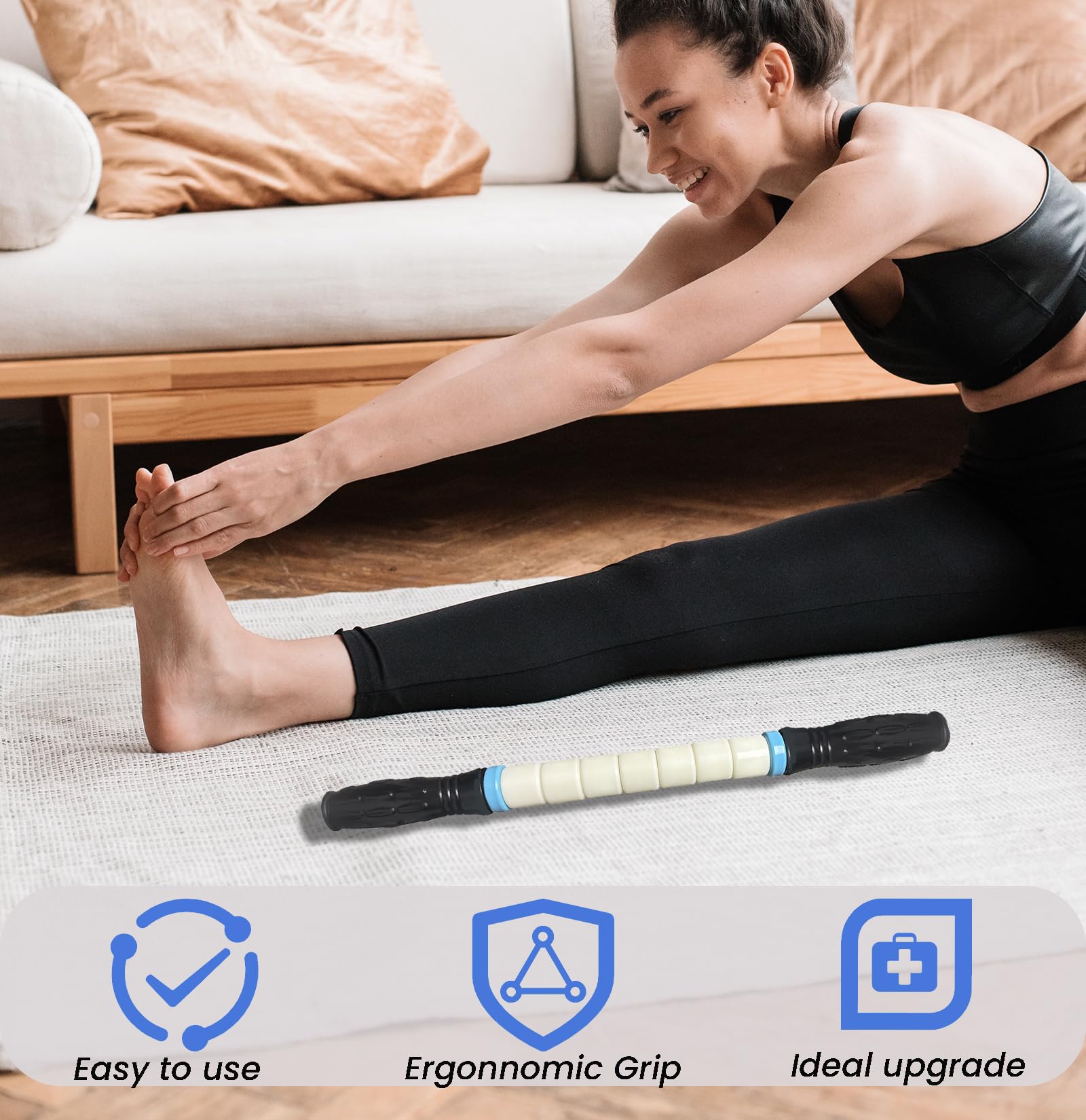 Ctwctr Muscle Roller Stick mango doble con agarre texturizado.