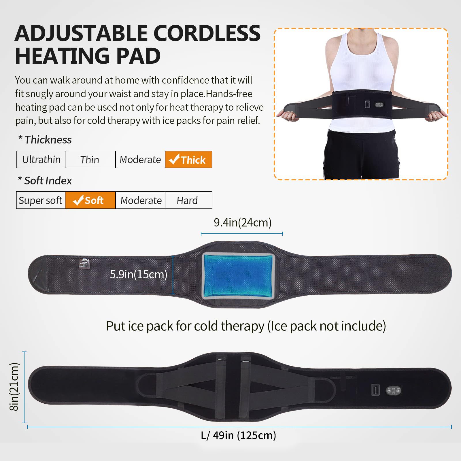 CUEHEAT cordless design back belt shown for easy charging and use.