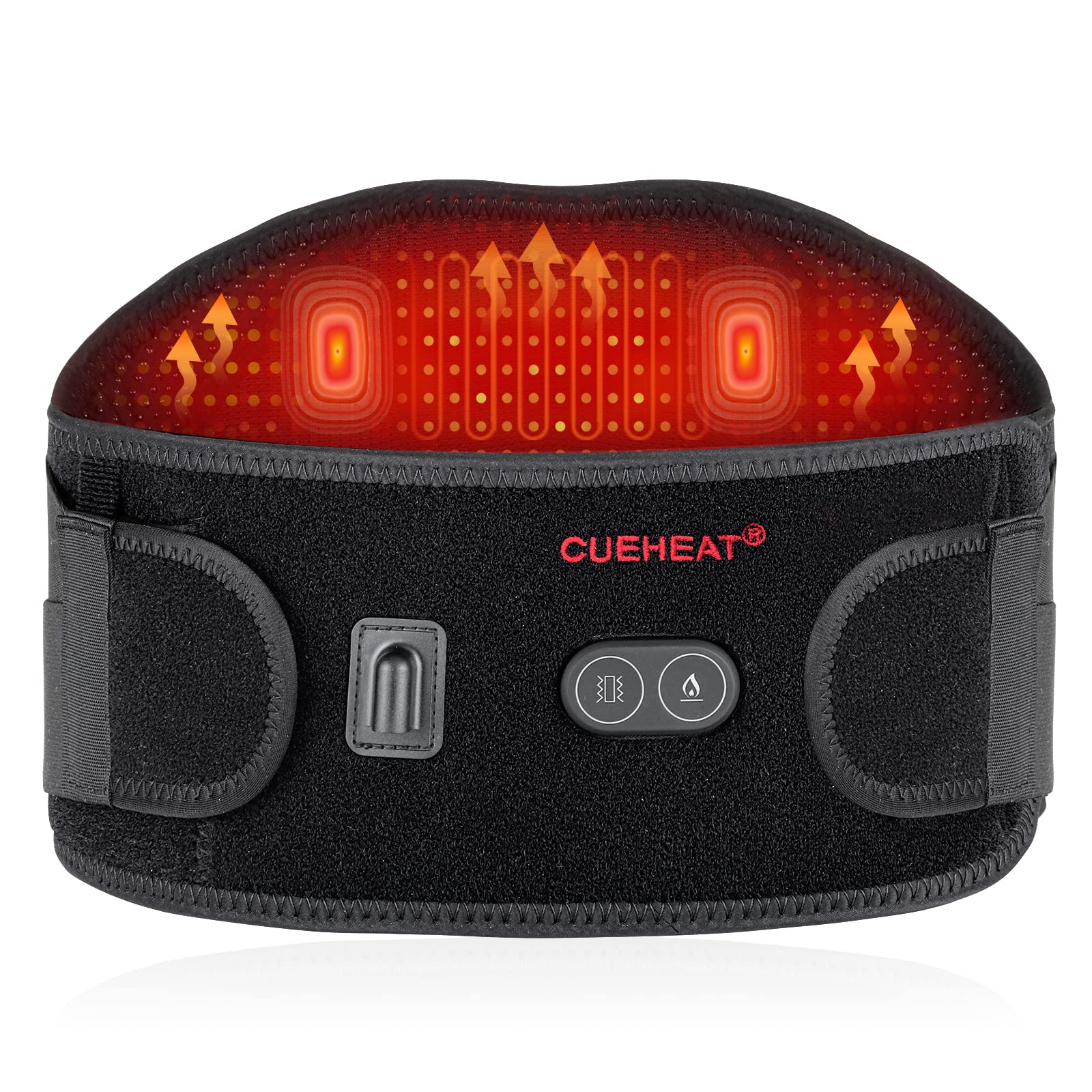 CUEHEAT heated waist belt shows cordless back heating for flexible relief