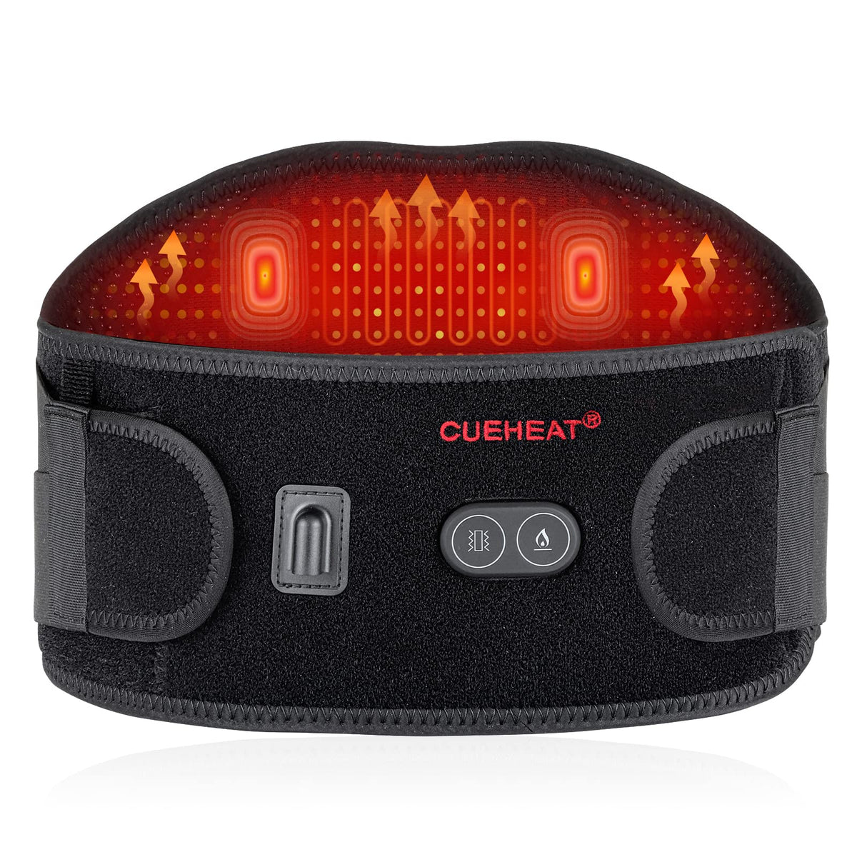CUEHEAT heated waist belt shows cordless back heating for flexible relief