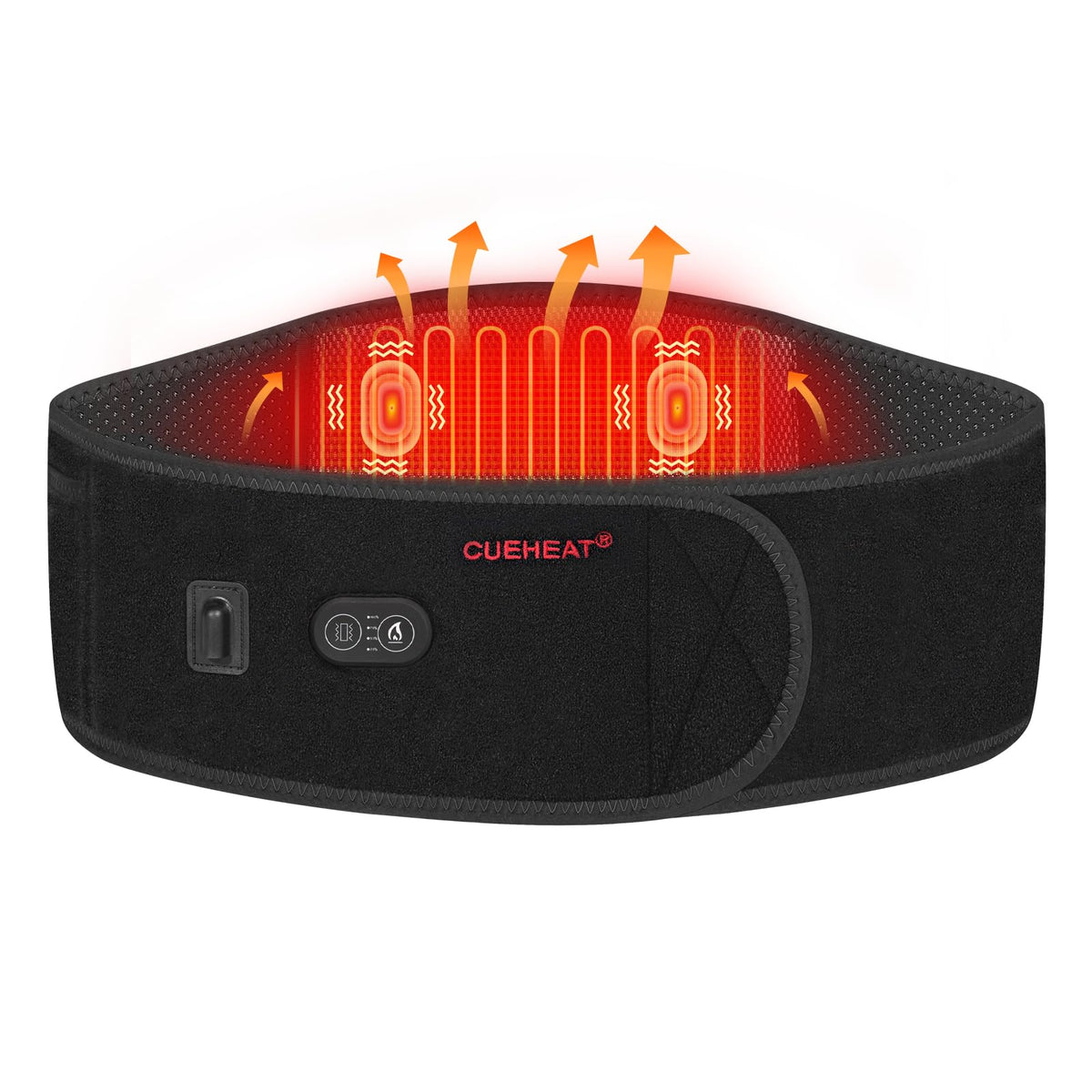 CUEHEAT heated waist belt front view showing compact warmth for daily comfort
