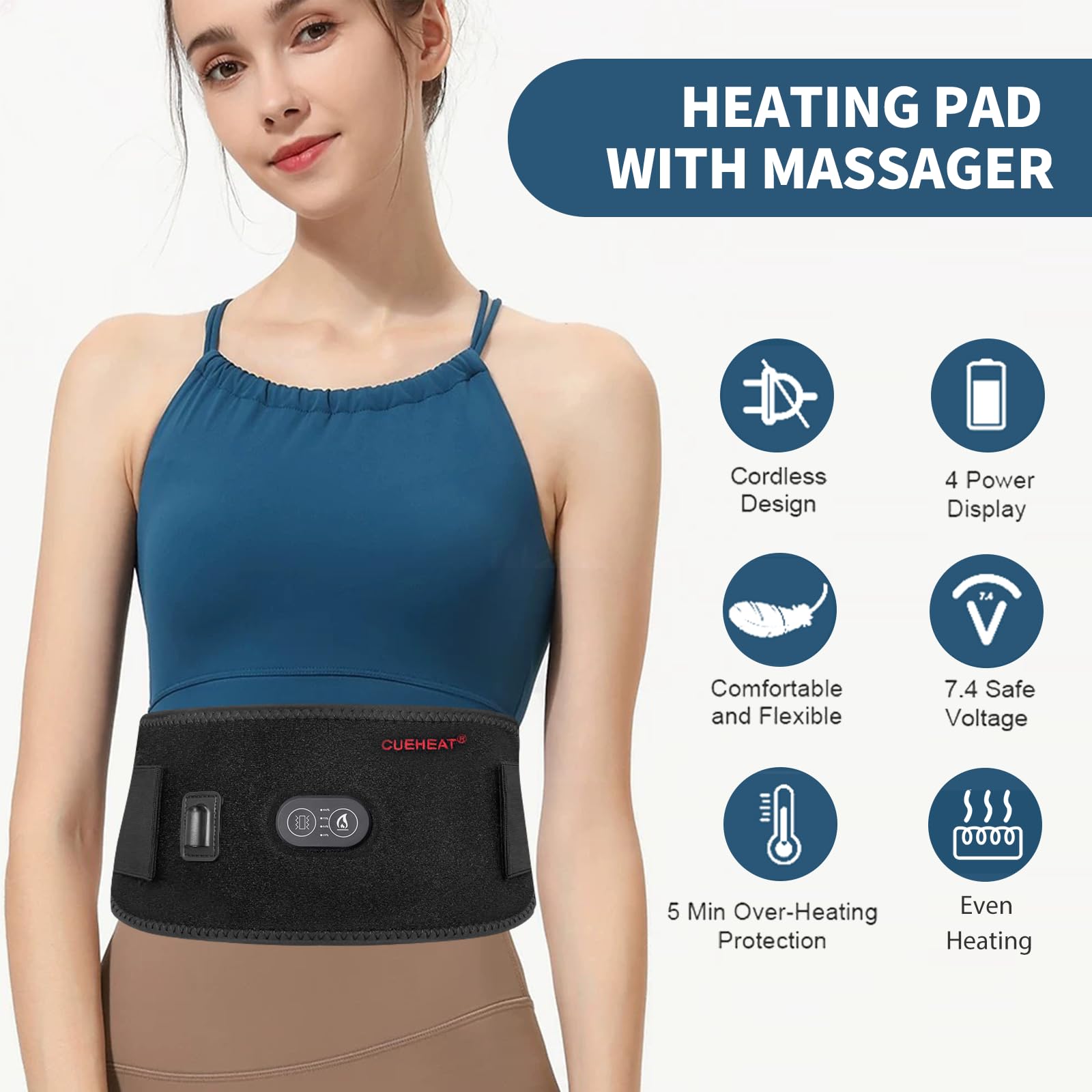 CUEHEAT heated waist belt side view highlighting adjustable fit for mobility