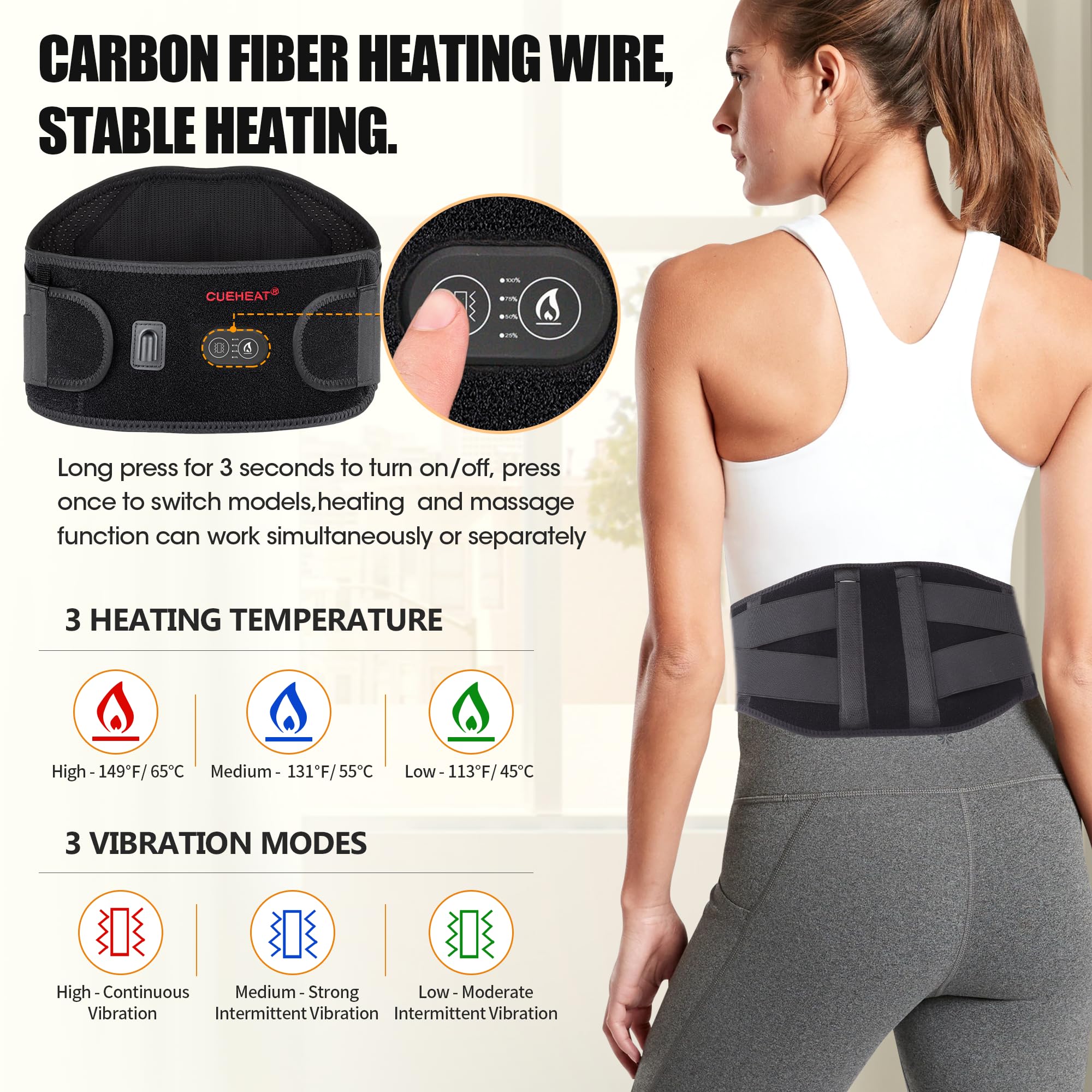 CUEHEAT battery powered belt with 7.4V battery enables long unplugged sessions