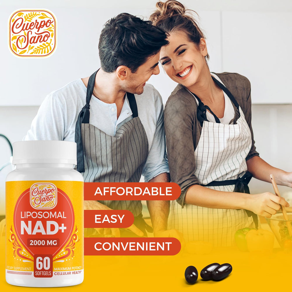 Cuerpo Sano NAD product shows gluten-free and GMP-certified quality.