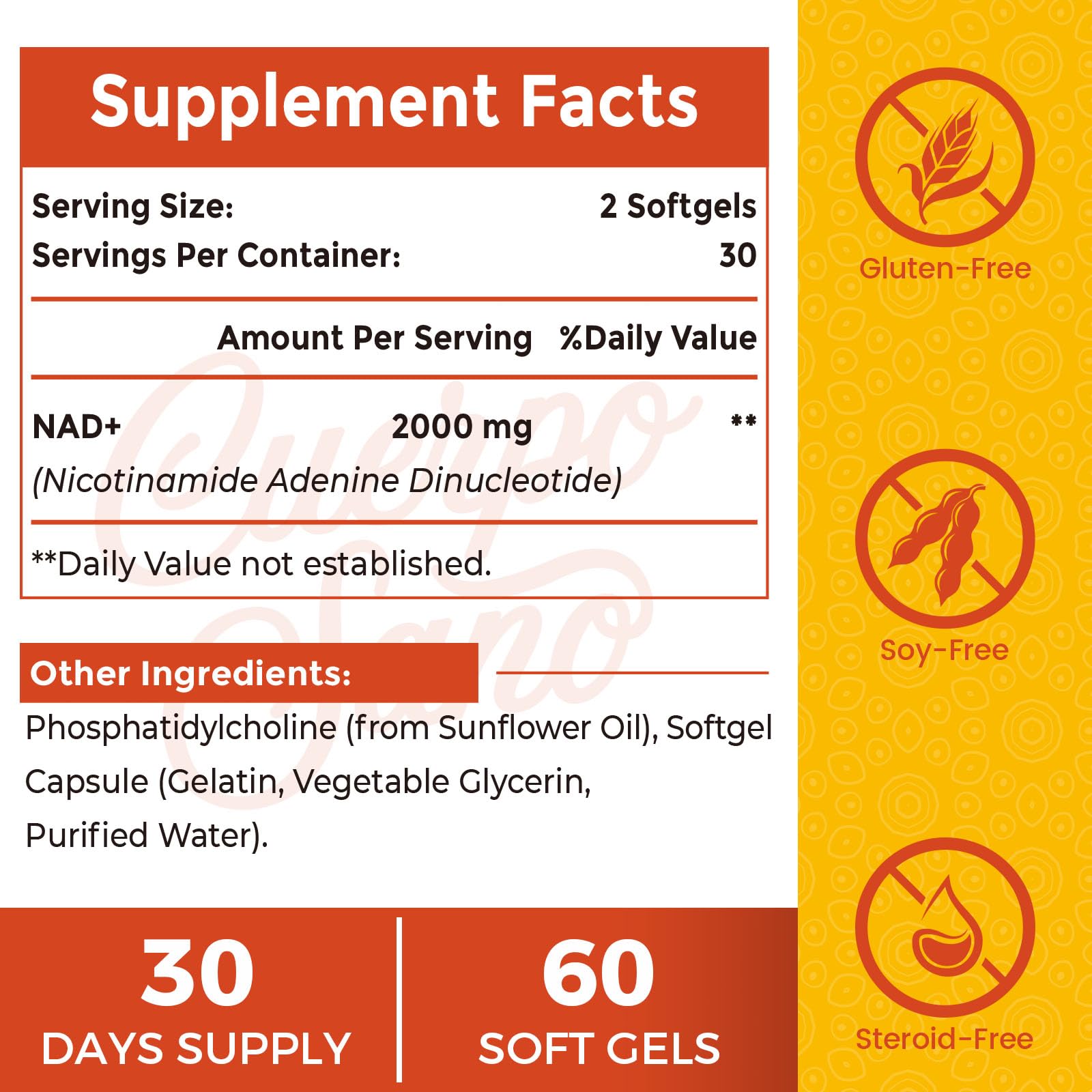 Cuerpo Sano NAD capsules closeup highlights liposomal design for enhanced absorption.