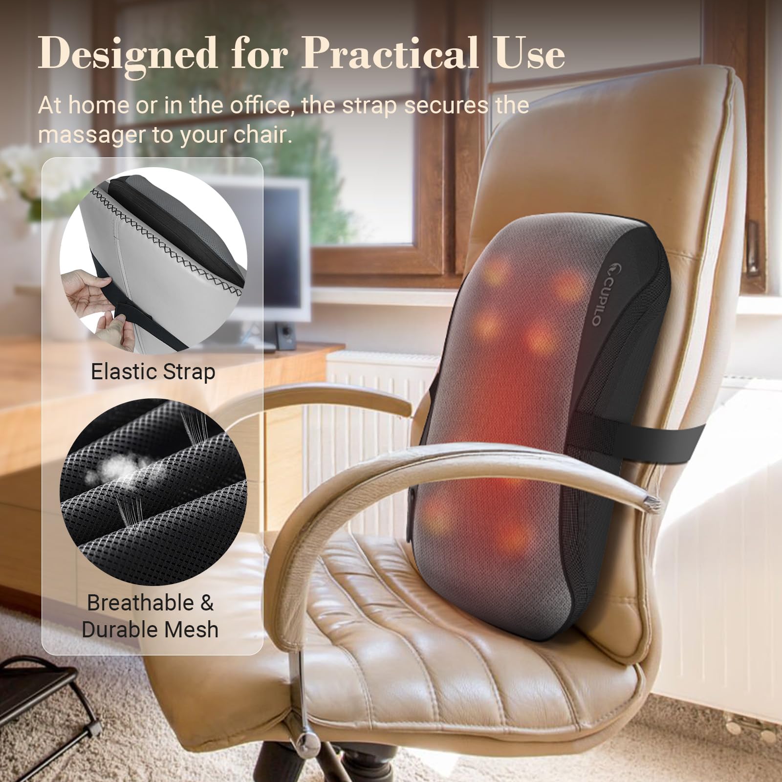 CuPiLo back massager components view shows durable fabric and safety features.