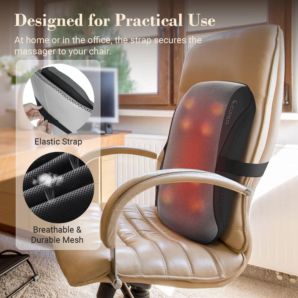 CuPiLo back massager components view shows durable fabric and safety features.