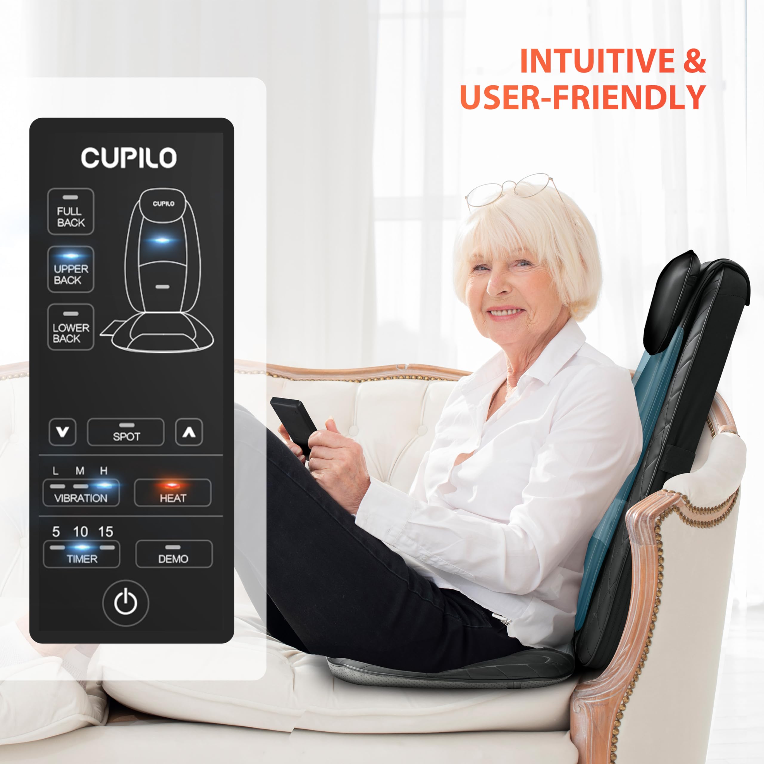 CuPiLo back massager delivers full back massage across upper, middle, and lower regions