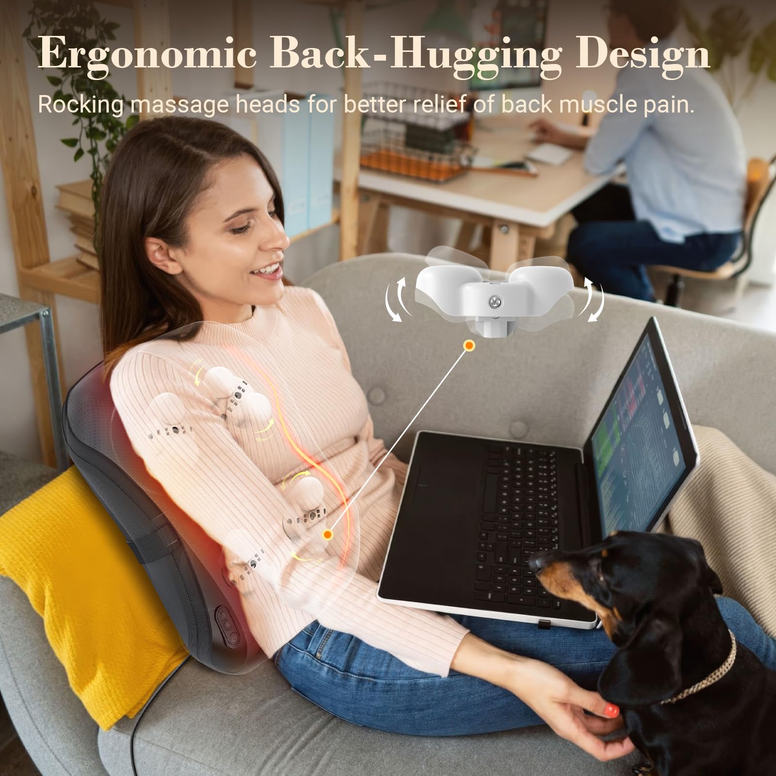 CuPiLo back massager on chair demonstrates ergonomic support during work.
