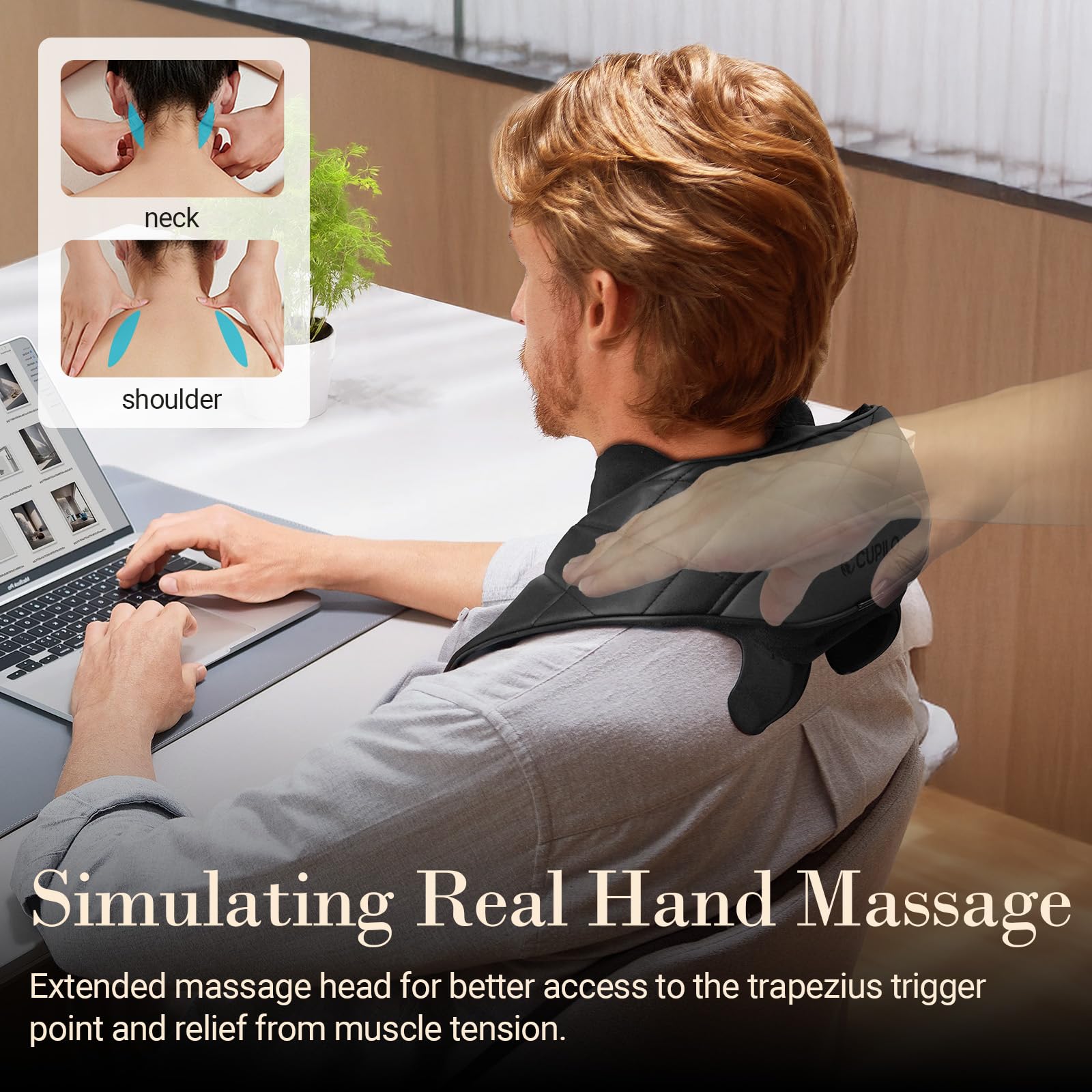 CuPiLo massager back-strap adjusted for secure hands-free use.
