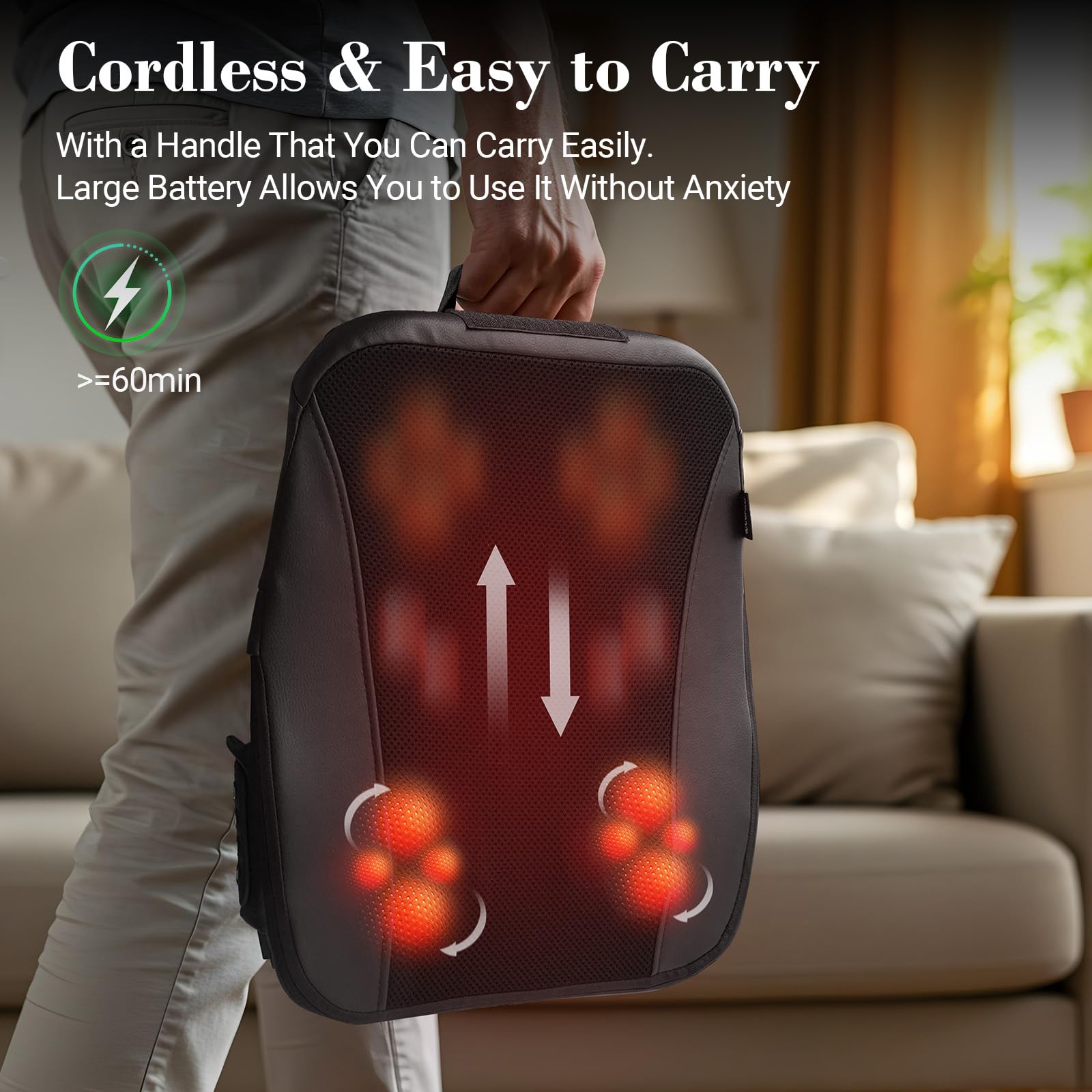 CuPiLo battery-powered back massager with 1800mAh capacity enables on-the-go sessions.
