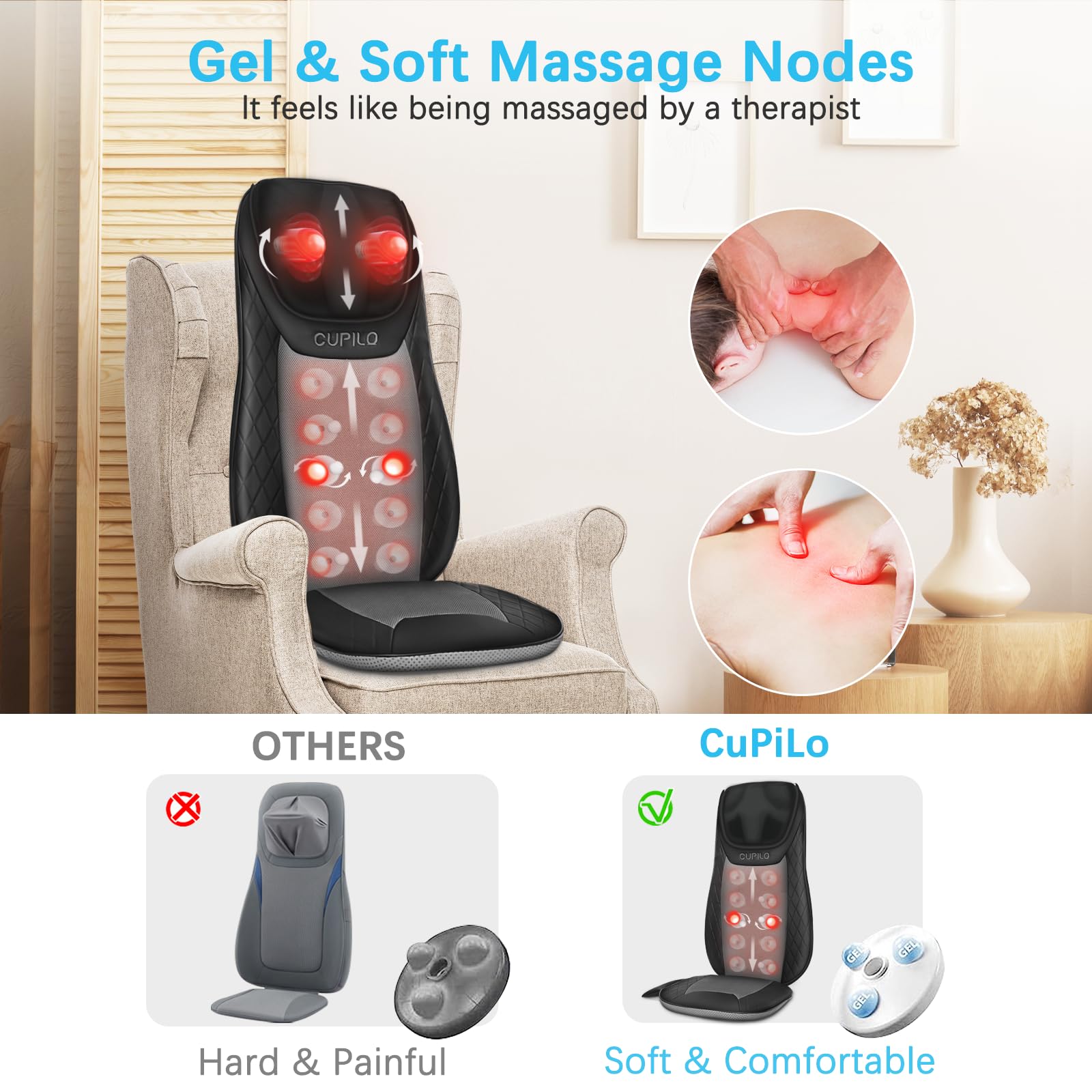 CuPiLo chair pad with rolling massage heads for full back coverage and comfort.
